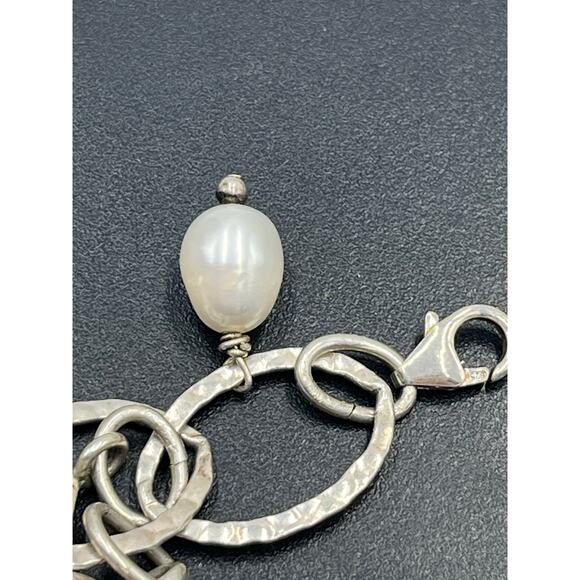 Artisan Sterling Silver White Freshwater Pearl Ladybug Link Charm Bracelet - Picture 6 of 13